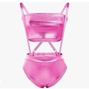 Women 2Pcs Shiny Metallic Tube Crop Top & Bottoms | Perfect for a rave.